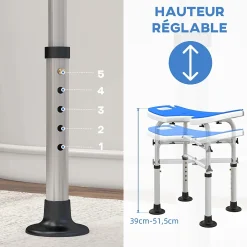 Homcom Tabouret de douche - siège de douche avec barre d'appui ventouse - hauteur réglable - alu HDPE bleu blanc