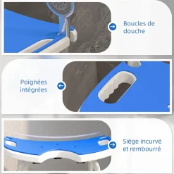 Homcom Tabouret de douche - siège de douche avec barre d'appui ventouse - hauteur réglable - alu HDPE bleu blanc
