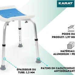 Floordirekt Tabouret de douche et de bain Noah Réglable en hauteur Facile à  nettoyer Pieds en caoutchouc antidérapant jusqu'à  136 kg