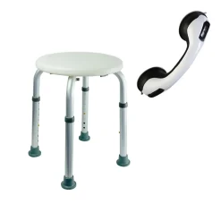 Siège De Douche|Pellet Tabouret de douche PMR Essentiel rond hauteur réglable + Barre à ventouse de maintien PMR 30 cm