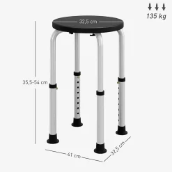 Homcom Tabouret de douche réglable en hauteur siège de douche ergonomique pieds antidérapants charge max. 136 Kg alu HDPE noir