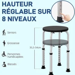 Homcom Tabouret de douche réglable en hauteur siège de douche ergonomique pieds antidérapants charge max. 136 Kg alu HDPE noir