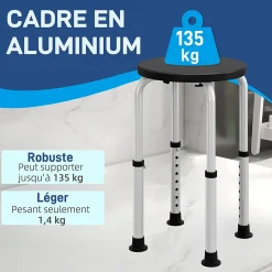 Homcom Tabouret de douche réglable en hauteur siège de douche ergonomique pieds antidérapants charge max. 136 Kg alu HDPE noir