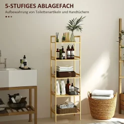 Etagère Salle De Bains|ProximaX Étagère autoportante salle de bain 5 niveaux en bambou, étagères réglables, meuble rangement salon ou cuisine 43,5x31,5x142 cm