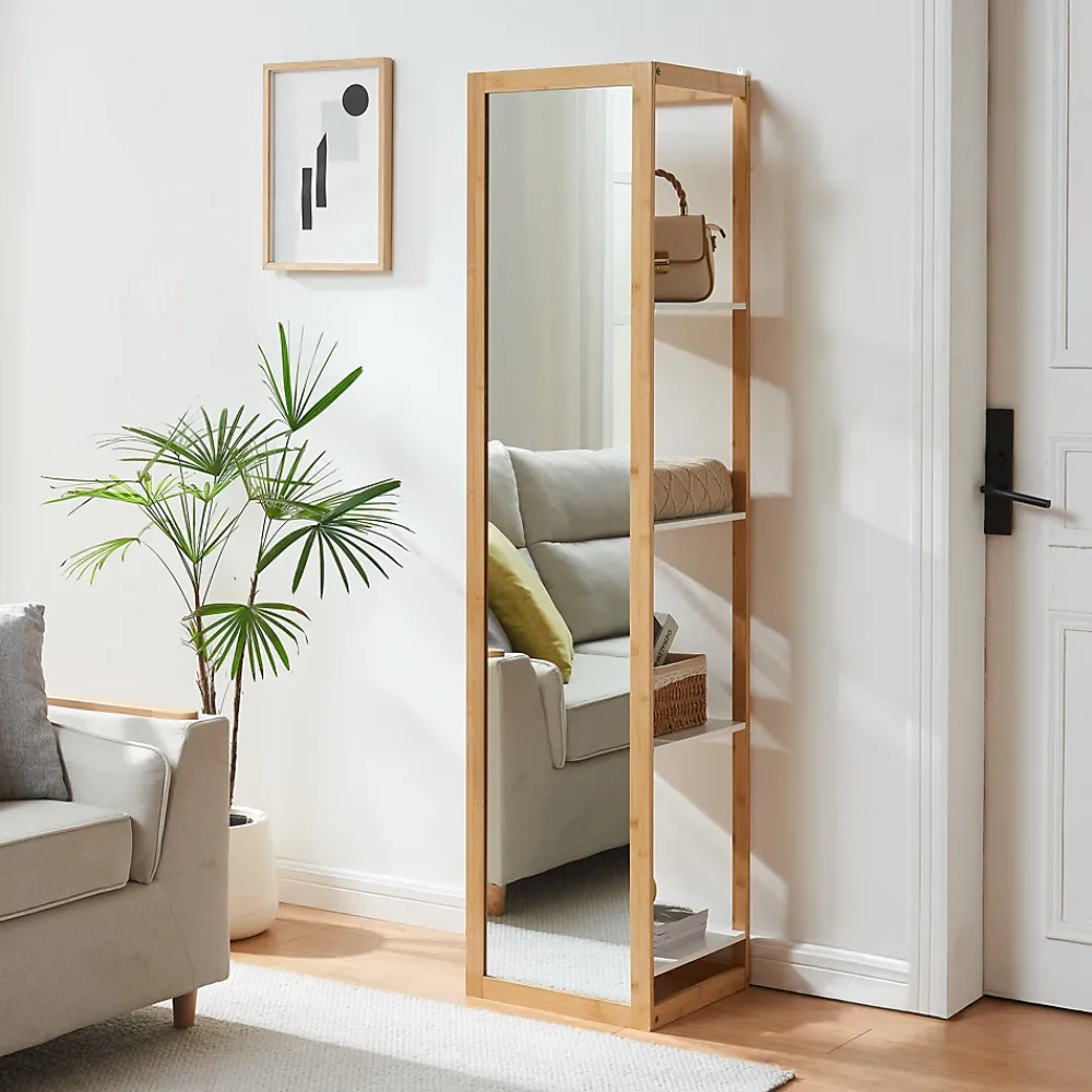 Colonne De Salle De Bains|[En.Casa] Étagère avec miroir intégré As bambou 170 x 40 x 35 cm naturel blanc