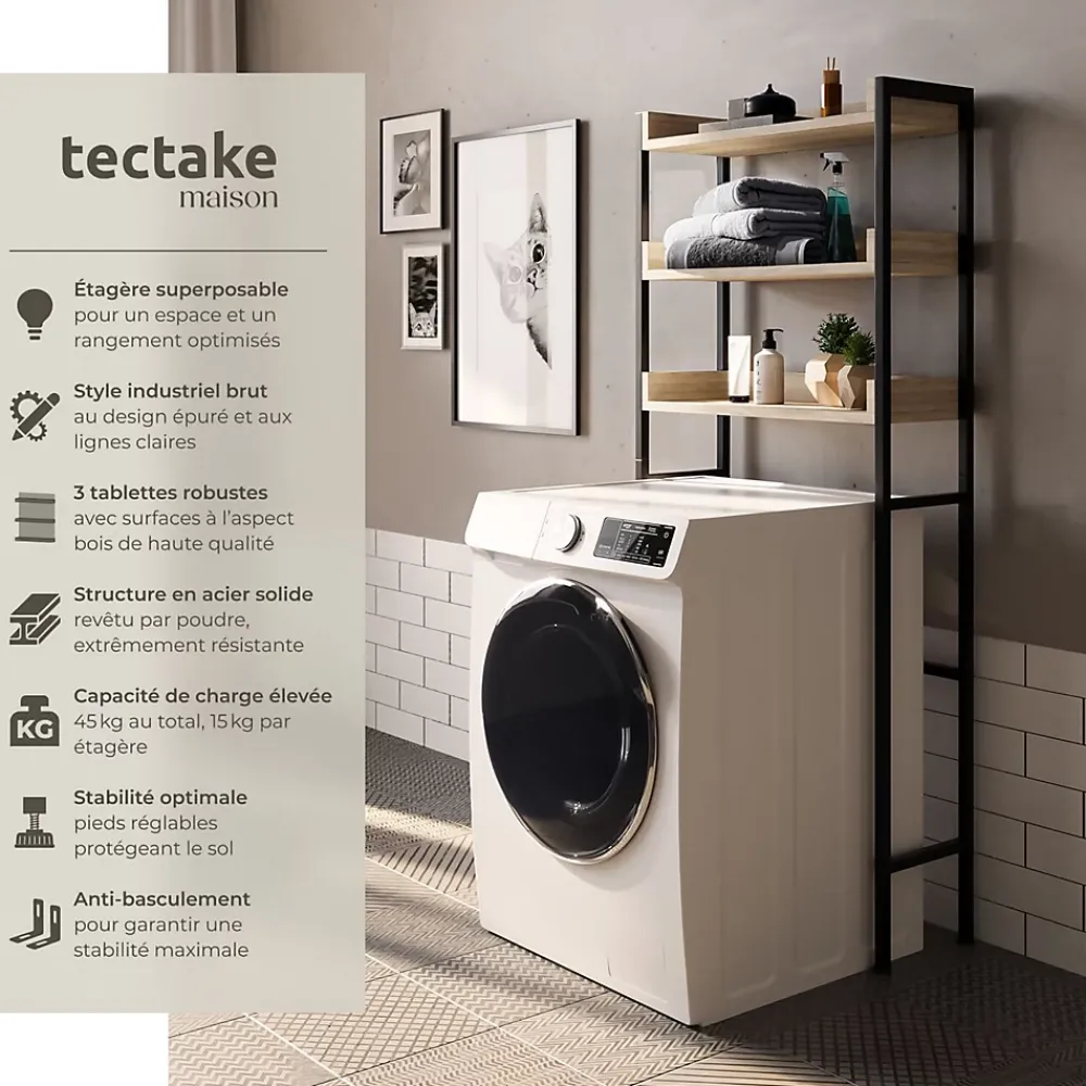 Colonne De Salle De Bains|Tectake Étagère de salle de bain avec 3 étagères Style industriel Bois clair