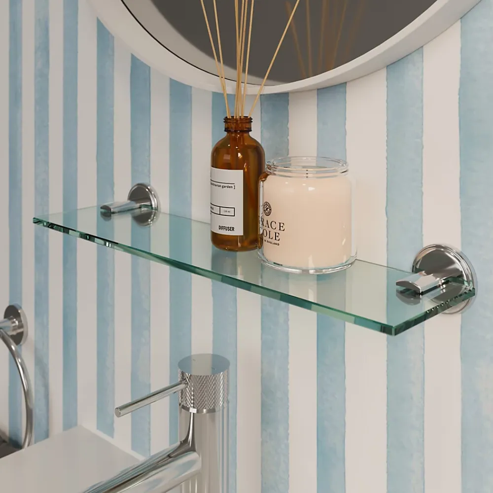 Etagère Salle De Bains|GoodHome Étagère de salle de bain en verre et acier inoxydable chromé H.40 cm Endell