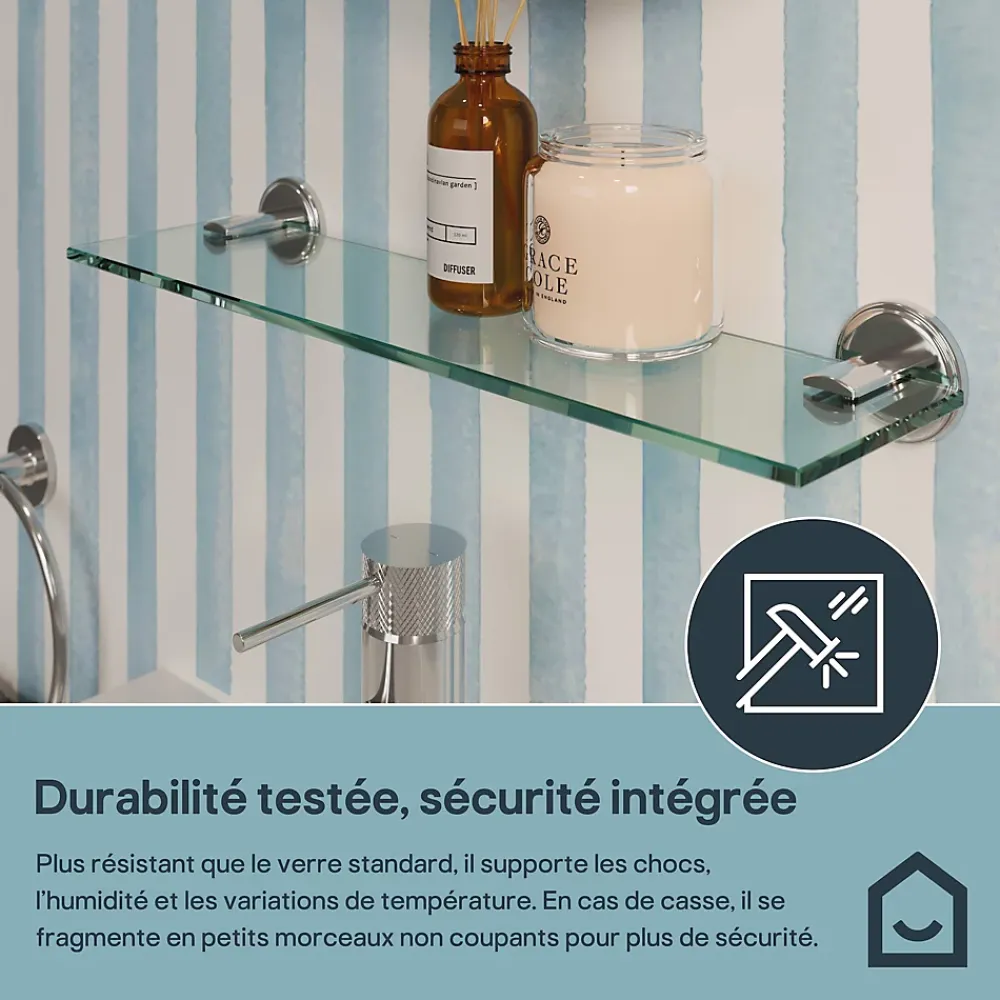 Etagère Salle De Bains|GoodHome Étagère de salle de bain en verre et acier inoxydable chromé H.40 cm Endell