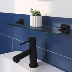 GoodHome Étagère de salle de bain en verre et acier inoxydable noir H.40 cm Teesta