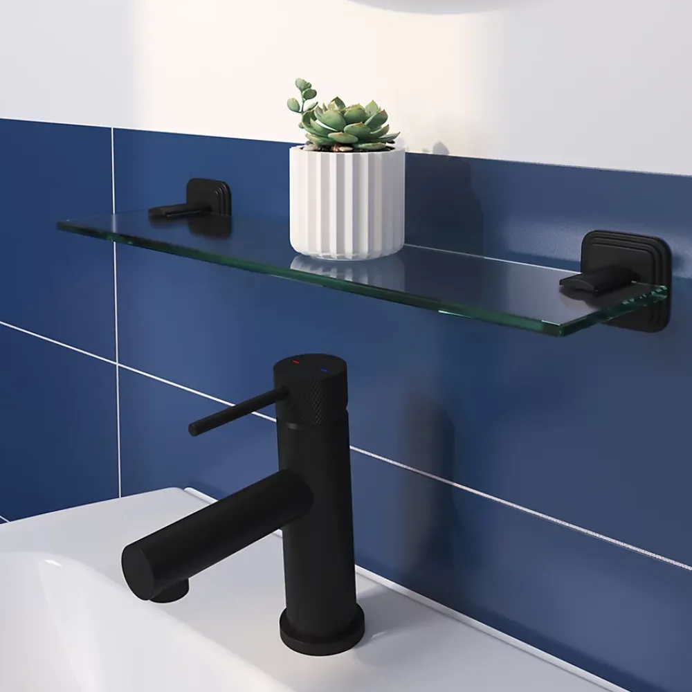 GoodHome Étagère de salle de bain en verre et acier inoxydable noir H.40 cm Teesta