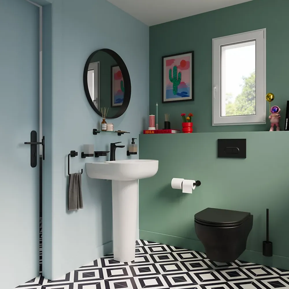 GoodHome Étagère de salle de bain en verre et acier inoxydable noir H.40 cm Teesta