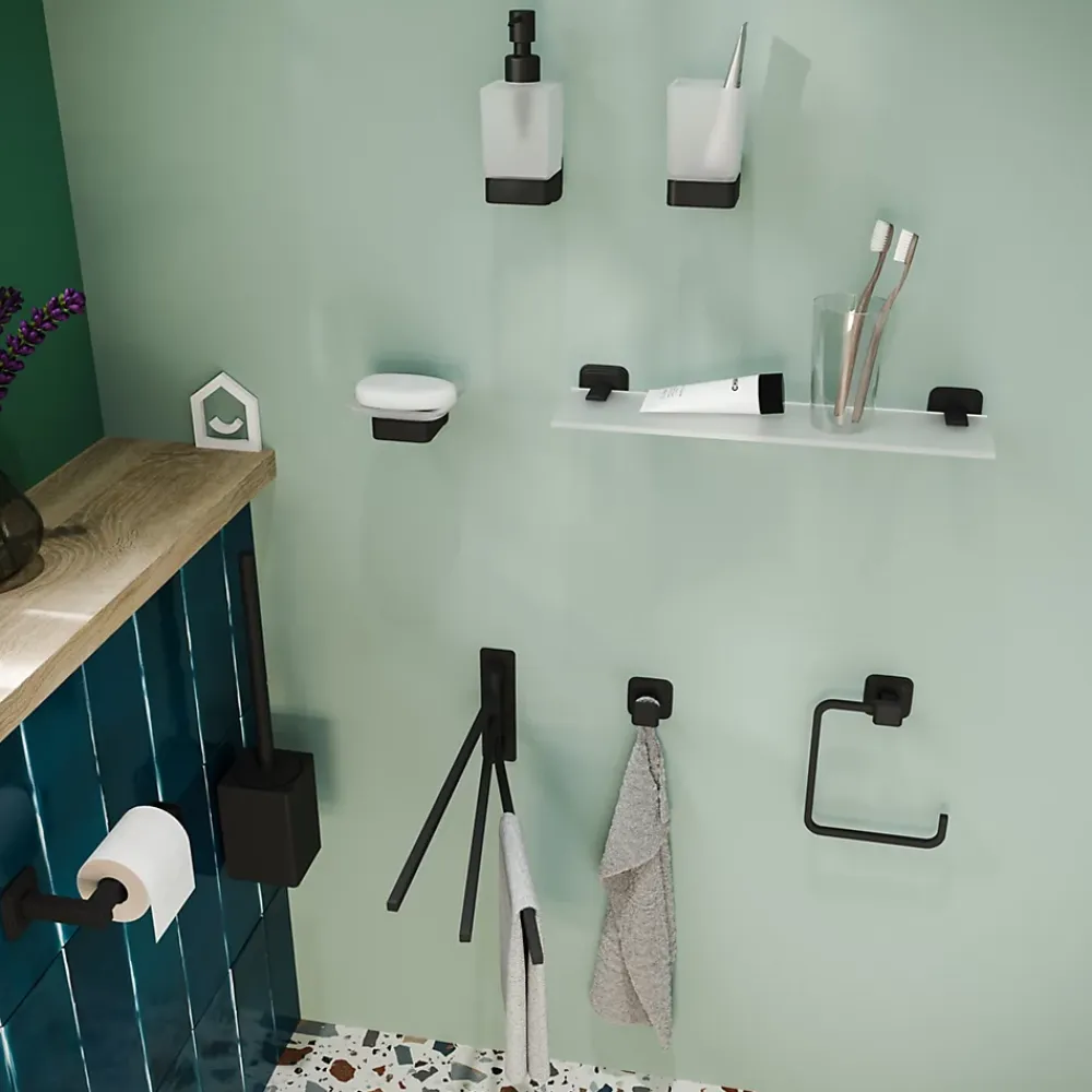 GoodHome Étagère de salle de bain en verre et acier inoxydable noir H.40 cm Teesta