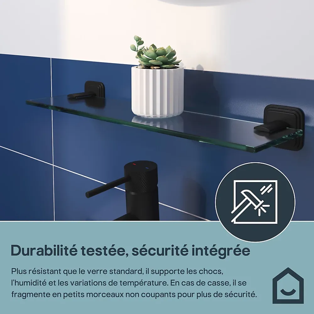 GoodHome Étagère de salle de bain en verre et acier inoxydable noir H.40 cm Teesta