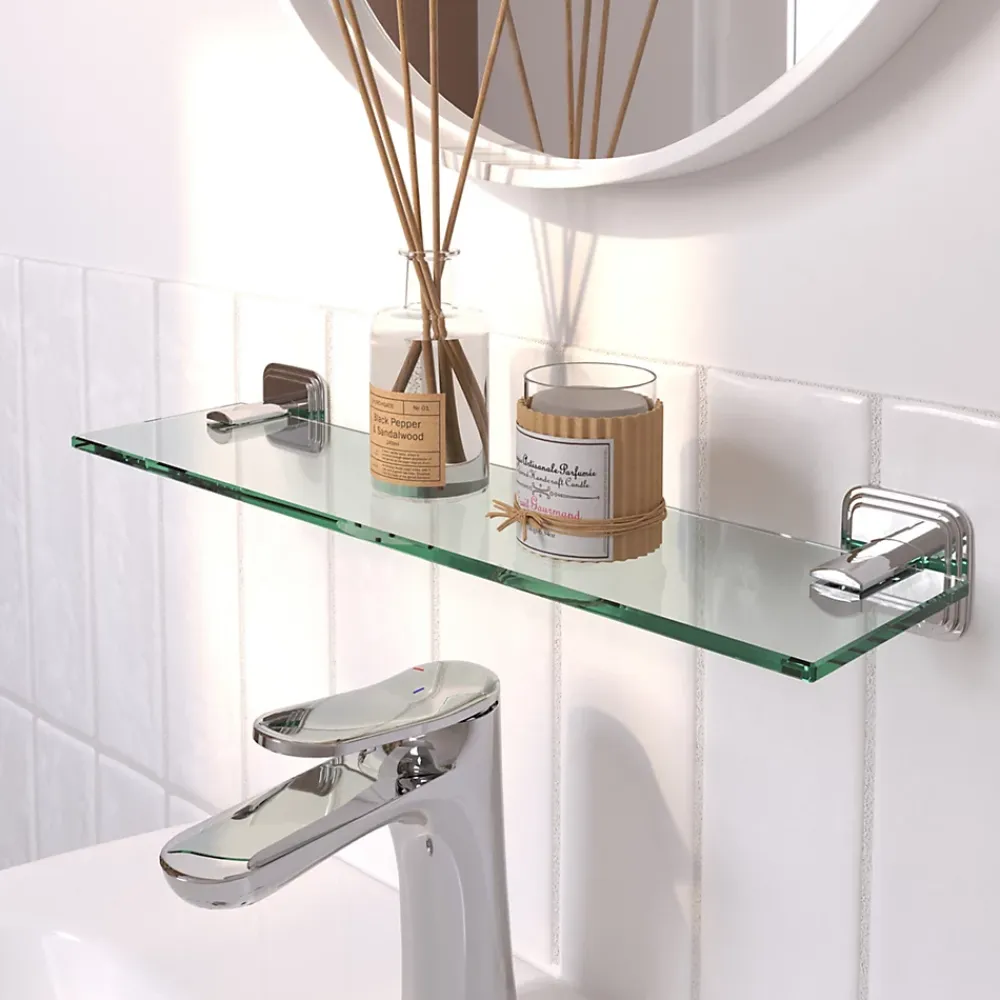 Etagère Salle De Bains|GoodHome Étagère de salle de bain en verre et acier inoxydable chromé H.40 cm Teesta