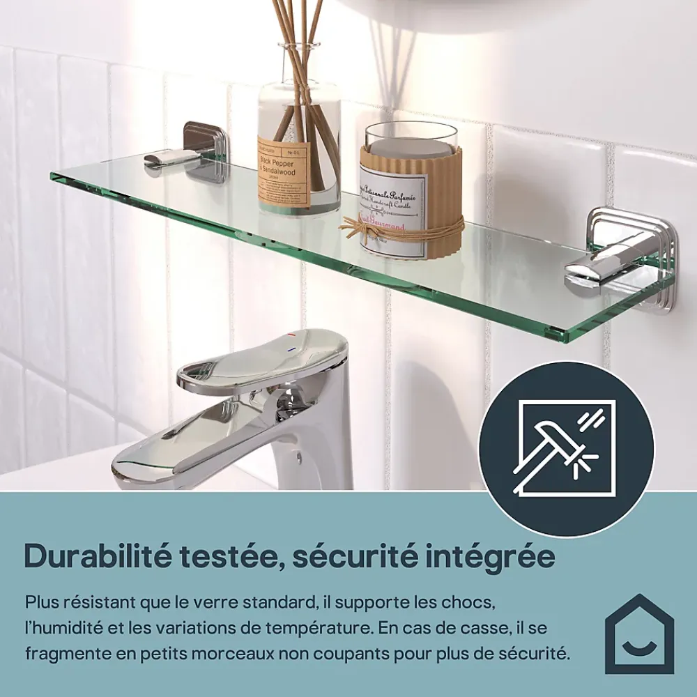 Etagère Salle De Bains|GoodHome Étagère de salle de bain en verre et acier inoxydable chromé H.40 cm Teesta