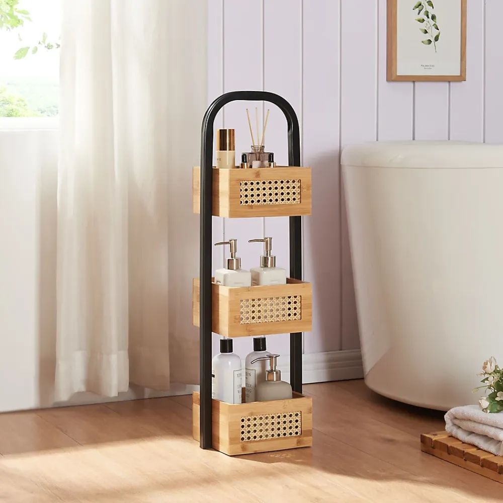 [En.Casa] Étagère de salle de bain Tervola 73x23x18,5cm noir naturel aspect rotin en.casa