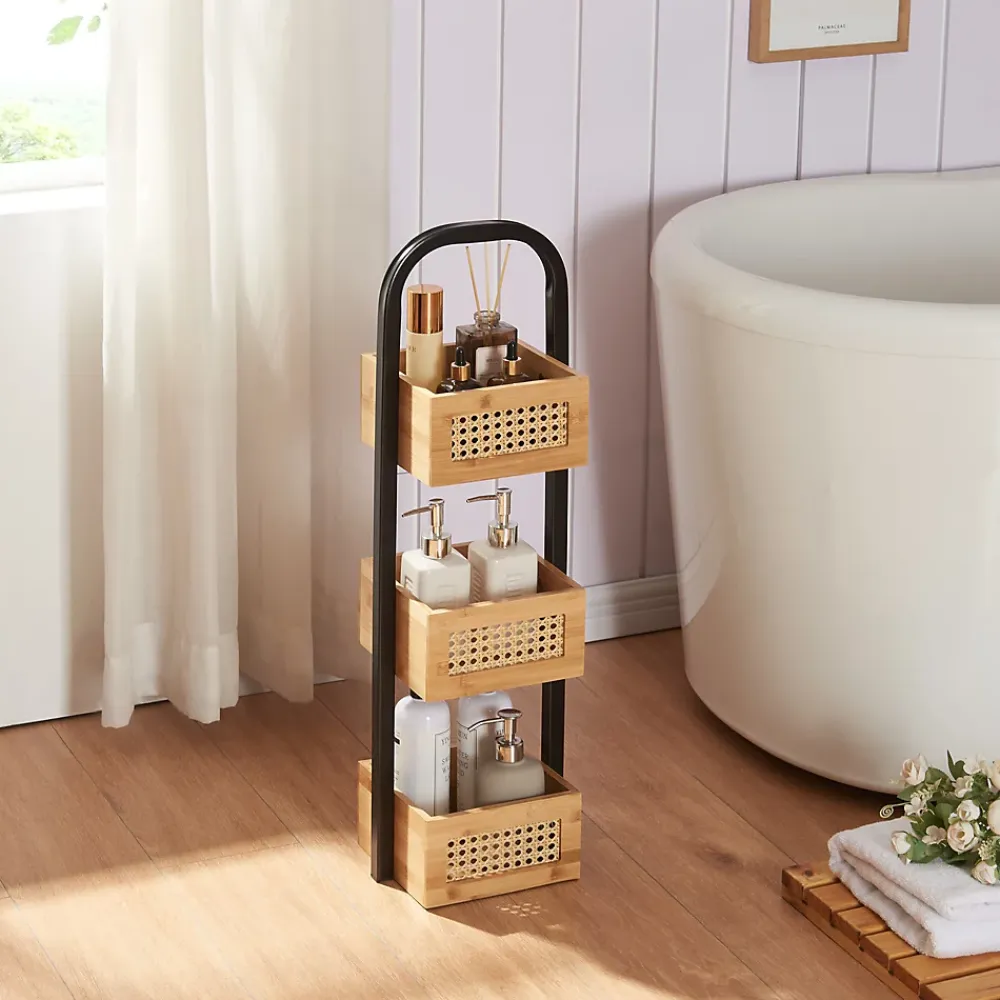 [En.Casa] Étagère de salle de bain Tervola 73x23x18,5cm noir naturel aspect rotin en.casa