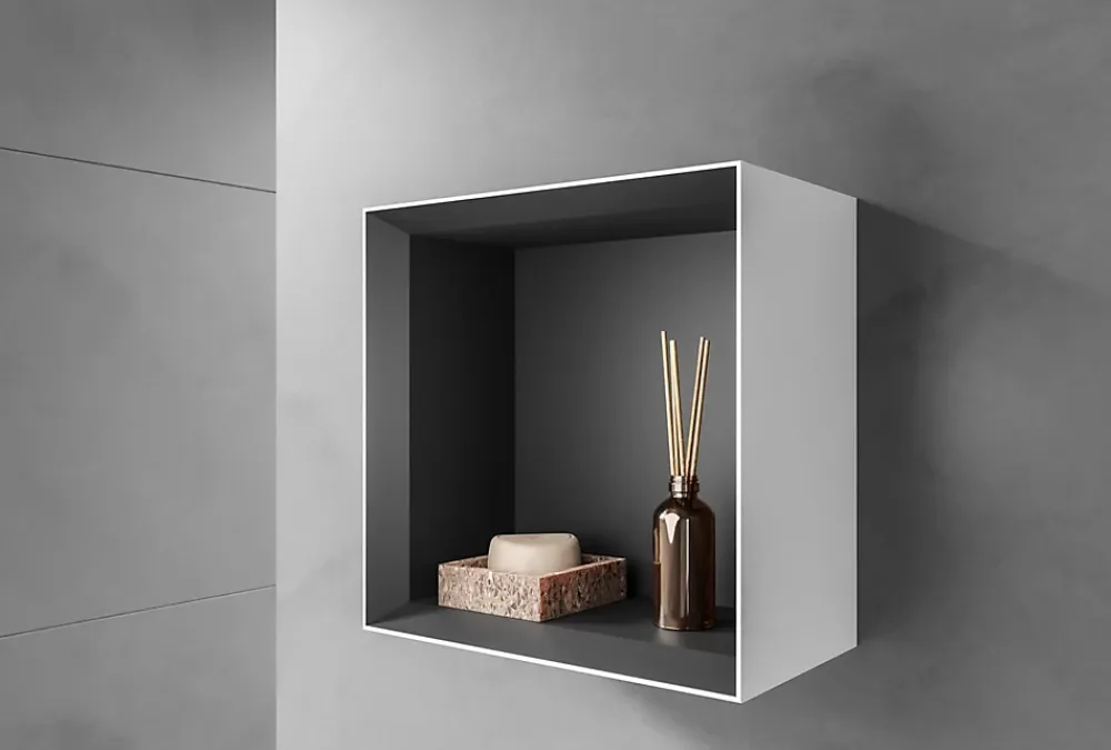 Bernstein Étagère murale suspendue carré design en MDF, résistant à l'humidité, laqué 7 fois - 32x32x17,7cm - ARCTIC 320 - Blanc mat