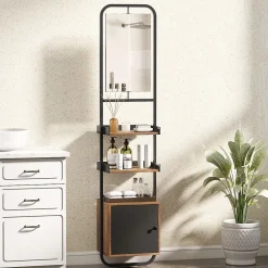 Armoire De Toilette|Homcom Étagère salle de bain design vintage avec miroir - porte, 2 étagères - 40 x 30 x 179 cm - métal noir effet bois