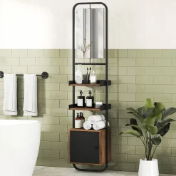 Armoire De Toilette|Homcom Étagère salle de bain design vintage avec miroir - porte, 2 étagères - 40 x 30 x 179 cm - métal noir effet bois