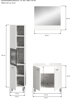 Chb Collection Tambo - Ensemble de 3 meubles de salle de bains (L/H/P : 102x186x33 cm) en mélaminé blanc, vasque non incluse