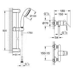 Grohe Tempesta 100 ensemble de douche complet 3 jets + mitigeur monocommande douche, clapet anti-retour, chrome (23354000-28789002)