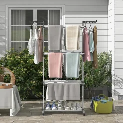 Etendoir À Linge|Giantex étendoir à Linge 4 Niveaux Support Pliable avec 3 Plateaux Rétractables 1 étagère à Chaussures Inférieure