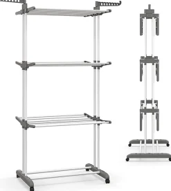 Etendoir À Linge|Giantex étendoir à Linge 4 Niveaux Support Pliable avec 3 Plateaux Rétractables 1 étagère à Chaussures Inférieure