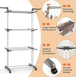 Etendoir À Linge|Giantex étendoir à Linge 4 Niveaux Support Pliable avec 3 Plateaux Rétractables 1 étagère à Chaussures Inférieure
