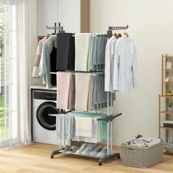 Etendoir À Linge|Giantex étendoir à Linge 4 Niveaux Support Pliable avec 3 Plateaux Rétractables 1 étagère à Chaussures Inférieure