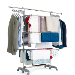 Kitchen Move Étendoir à linge multifonction sur roulettes grande capacité 25 m 3 niveaux et 2 portes-cintres, gris et inox, Extra Plus