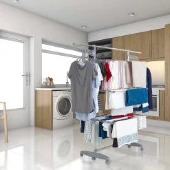 Kitchen Move Étendoir à linge multifonction sur roulettes grande capacité 25 m 3 niveaux et 2 portes-cintres, gris et inox, Extra Plus