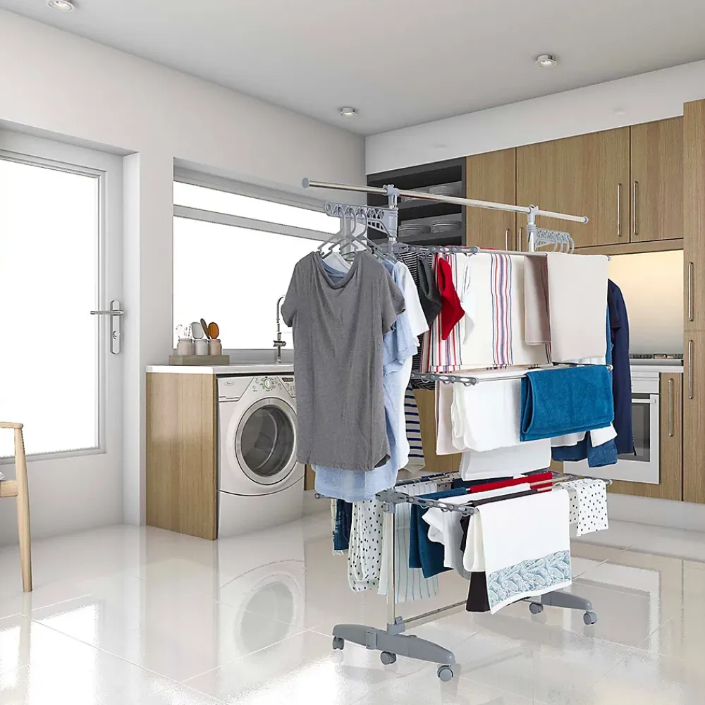 Kitchen Move Étendoir à linge multifonction sur roulettes 25 m d'étendage, 30 accessoires, 4 niveaux et 2 portes-cintres, gris et inox, Access