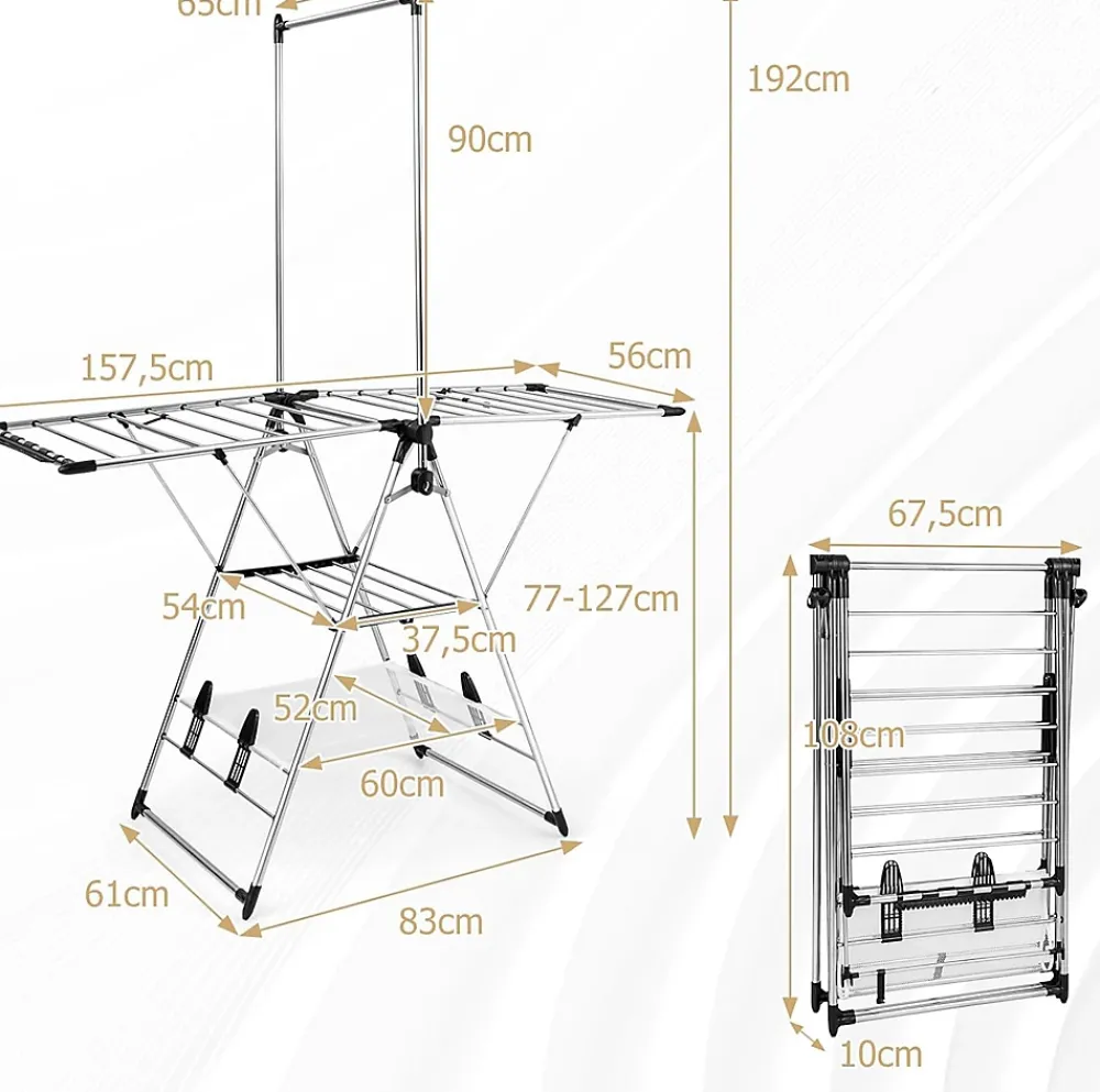 Giantex Étendoir à Linge Pliable à 6 Niveaux Réglable en Hauteur avec Cintres Suspendus en Hauteur et Clips Latéraux Séchoir à Ailes