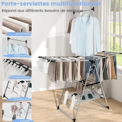 Giantex Étendoir à Linge Pliable à 6 Niveaux Réglable en Hauteur avec Cintres Suspendus en Hauteur et Clips Latéraux Séchoir à Ailes