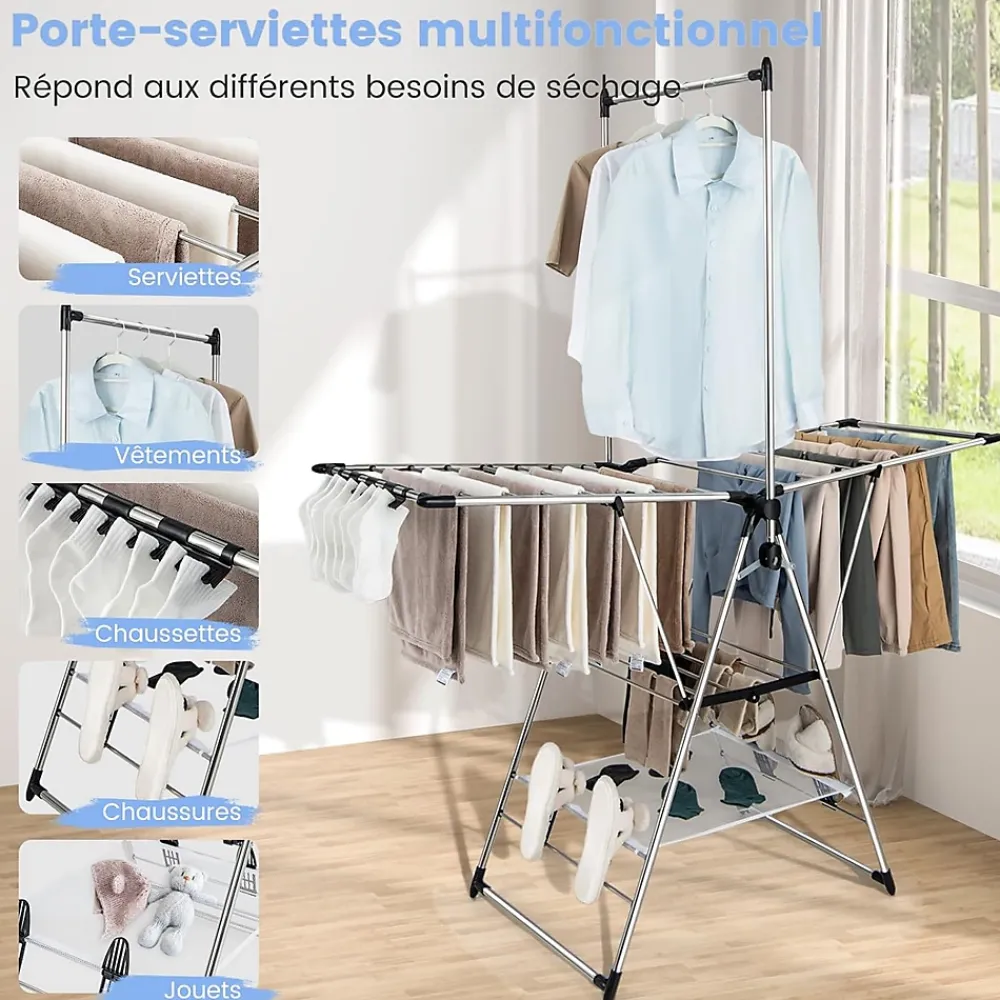 Giantex Étendoir à Linge Pliable à 6 Niveaux Réglable en Hauteur avec Cintres Suspendus en Hauteur et Clips Latéraux Séchoir à Ailes