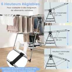 Giantex Étendoir à Linge Pliable à 6 Niveaux Réglable en Hauteur avec Cintres Suspendus en Hauteur et Clips Latéraux Séchoir à Ailes