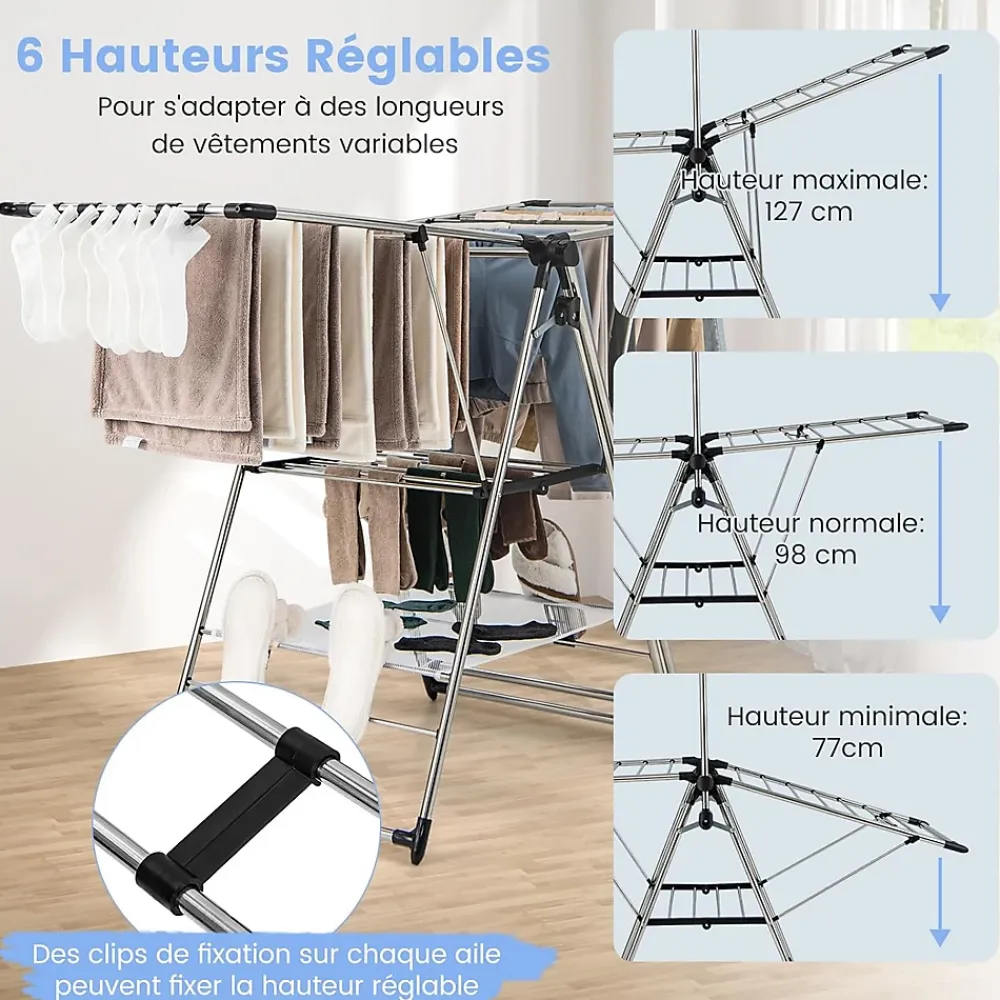 Giantex Étendoir à Linge Pliable à 6 Niveaux Réglable en Hauteur avec Cintres Suspendus en Hauteur et Clips Latéraux Séchoir à Ailes