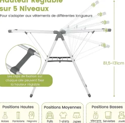 Giantex Étendoir à Linge Pliable à 2 Niveaux en Aluminium avec Ailes Réglables en Hauteur 21 Rails de Séchage 10 Pinces
