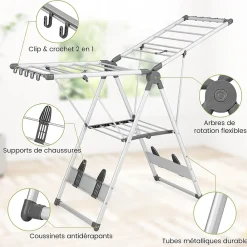 Giantex Étendoir à Linge Pliable à 2 Niveaux en Aluminium avec Ailes Réglables en Hauteur 21 Rails de Séchage 10 Pinces