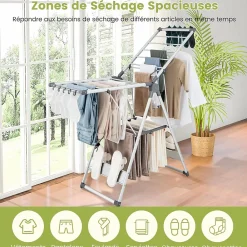 Giantex Étendoir à Linge Pliable à 2 Niveaux en Aluminium avec Ailes Réglables en Hauteur 21 Rails de Séchage 10 Pinces