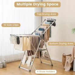 Giantex Étendoir à Linge Pliable à 2 Niveaux en Aluminium avec Ailes Réglables en Hauteur 21 Rails de Séchage 10 Pinces