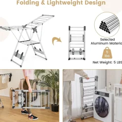 Giantex Étendoir à Linge Pliable à 2 Niveaux en Aluminium avec Ailes Réglables en Hauteur 21 Rails de Séchage 10 Pinces