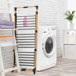 Kitchen Move Étendoir à linge pliable 30 m d'étendage sur 3 niveaux avec roulettes, acier noir et effet bois, Willis