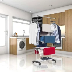 Etendoir À Linge|Kitchen Move Étendoir à linge sur roulettes multifonction grande capacité 18 m d'étendage, 3 niveaux et 2 portes-cintres, noir et inox, Ultima