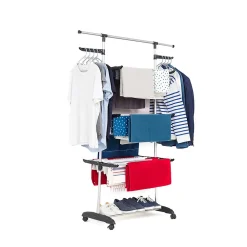 Etendoir À Linge|Kitchen Move Étendoir à linge sur roulettes multifonction grande capacité 18 m d'étendage, 3 niveaux et 2 portes-cintres, noir et inox, Ultima