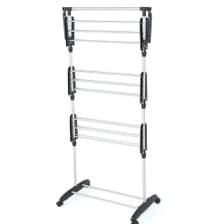 Etendoir À Linge|Kitchen Move Étendoir à linge sur roulettes multifonction grande capacité 18 m d'étendage, 3 niveaux et 2 portes-cintres, noir et inox, Ultima