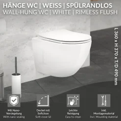 Luxebath Toilette suspendu céramique sans rebord court cuvette siège duroplast softclose