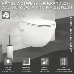 Luxebath Toilette wc suspendu fonction bidet système de rinçage sans bord en céramique