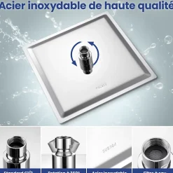 Pommeau De Douche, Flexible Et Barre De Douche|Sofetiy Max Tête de douche Inox Carrée 25cm Kit de douche